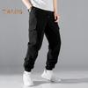 Men Cargo Pants Drawstring Elastic Waist Solid Color Muti Pockets Ankle-banded Loose Sport Trousers Daily Wear Casual Pants