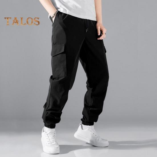 Men Cargo Pants Drawstring Elastic Waist Solid Color Muti Pockets Ankle-banded Loose Sport Trousers Daily Wear Casual Pants