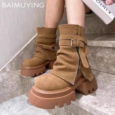 Plateforme Bottines Neige Femme Talons Hauts Chaussures en Daim Femme Tendance 2025 Hiver Goth Bottes Chelsea Fermeture Éclair Gladiateur Botas Mujer