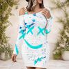 Women Plus Size One Shoulder Long Sleeve Printed Blue Pink White Bodycon Mini Dress