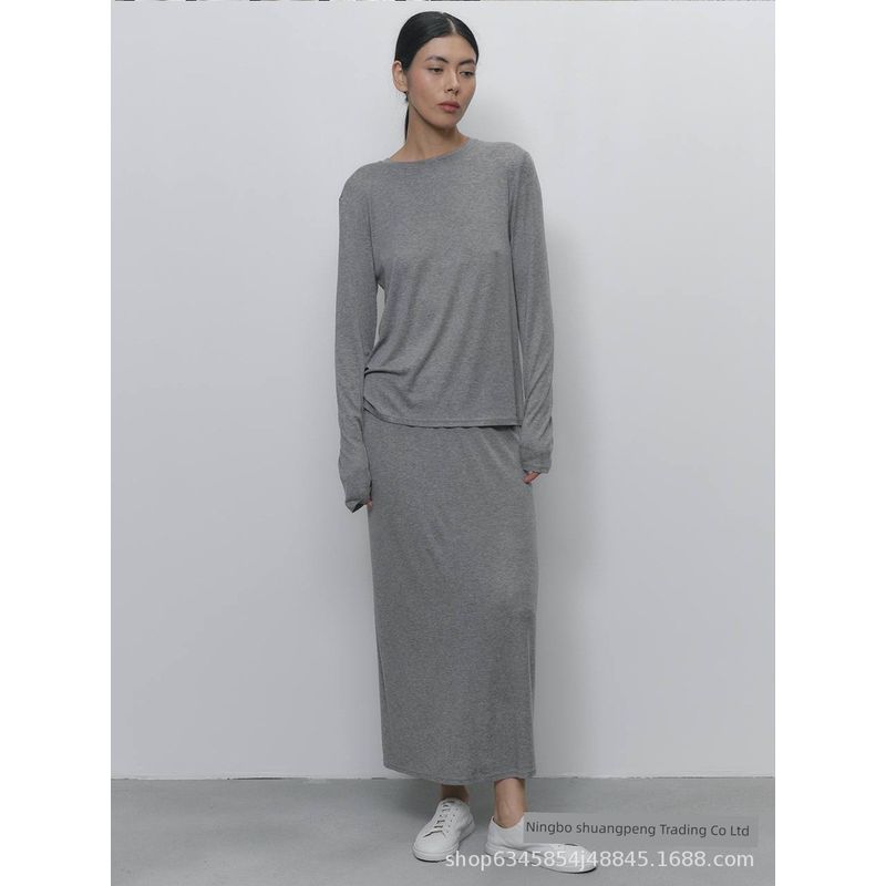 

2025 Fall and Winter New Soft Modal Suit Female Fashion Wind Casual Tops + Loose Pants Christmas Red Two-piece Set Grey Skirt Suit S