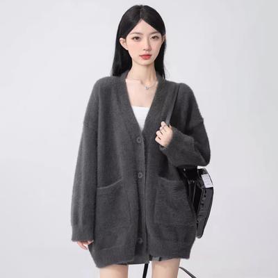 Graue Strickjacke für Herbst und Winter, locker sitzende, weiche und geschmeidige Strickjacke im Idle-Stil, Oberteil mit V-Ausschnitt