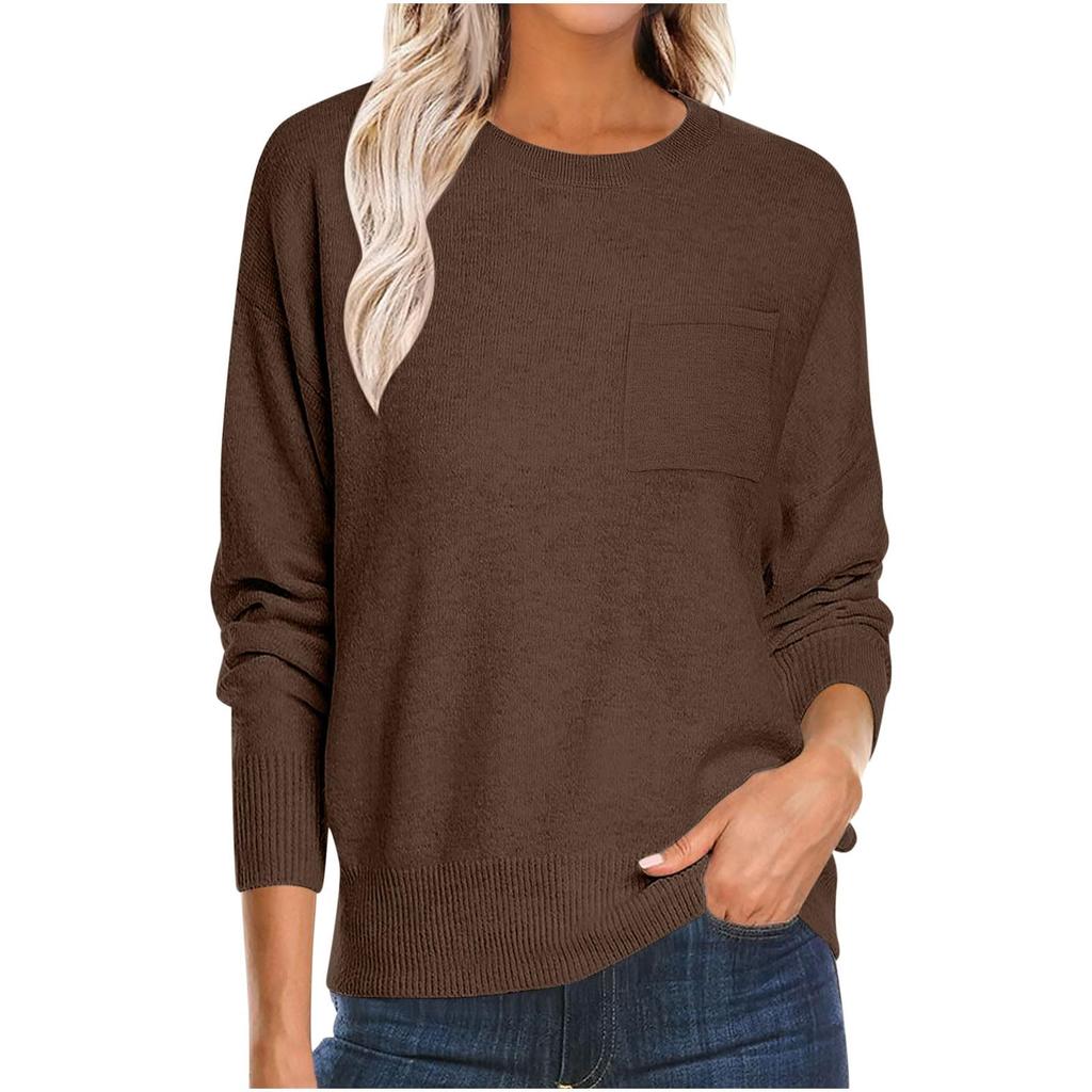 Women's Fashion Round Neck Pullover Sweater Casual Versatile Solid Color Knit Top