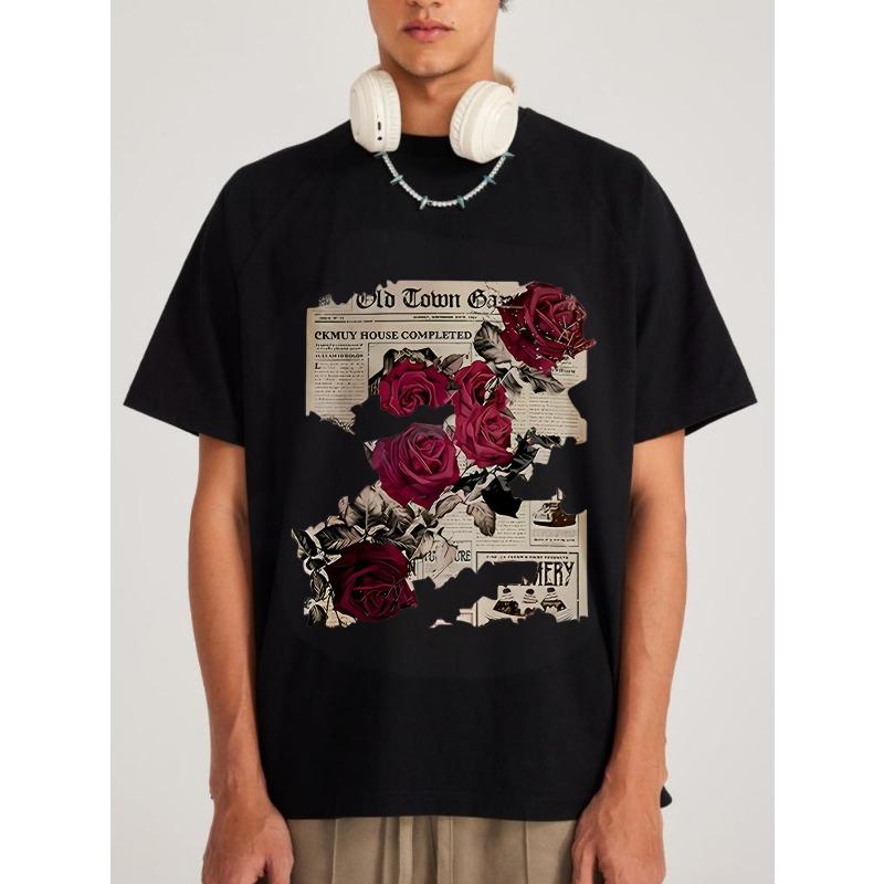 Black T Shirt Men Vintage Newspaper Rose Print Casual Streetwear Fashion Top for Daily Wear and Outings