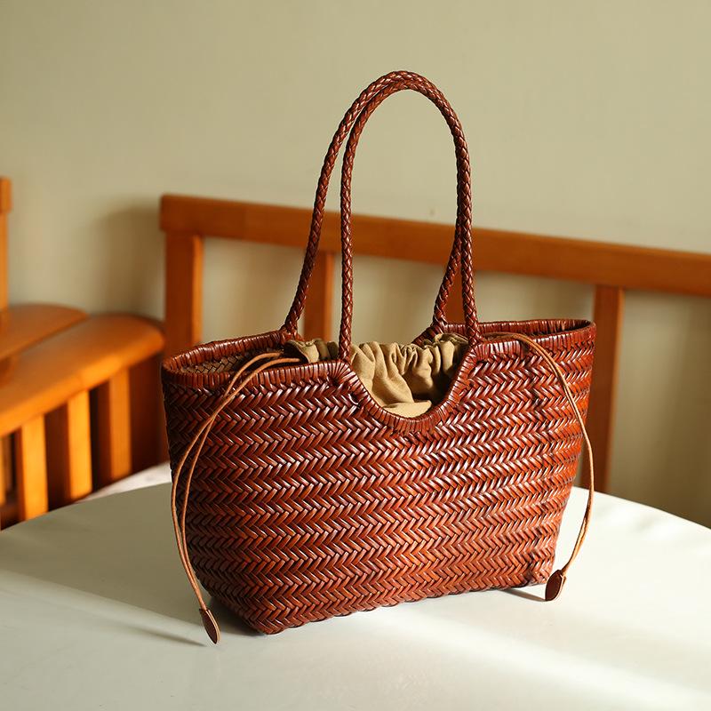 Vintage European & American Genuine Leather Handmade Herringbone Woven Handbag Basket