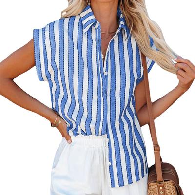 Spring Summer Blouses Lapel Short Sleeve Striped Shirt Women's Loose Single Breasted Shirts