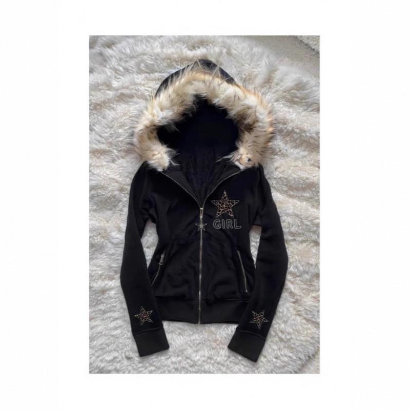 Vintage Black Leopard Star Print Hooded Zip-Up Cropped Jacket Women Winter Retro Streetwear