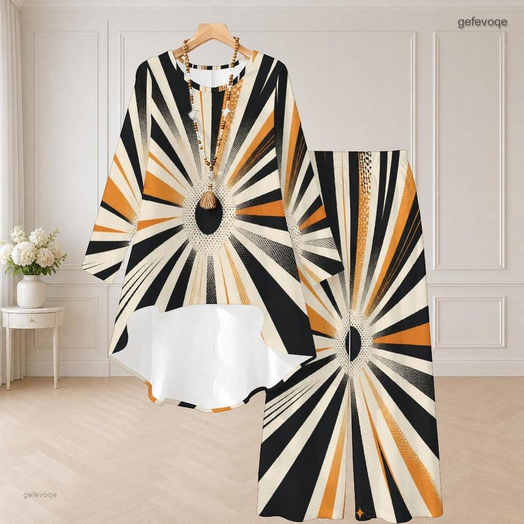 Women Plus Size Round Neck Long Sleeve Printed Navy Blue White High Low Top Wide Leg Pants Two Piece Set