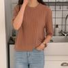 New Arrivals Open Run Round Neck Short Sleeve Knit Ribbed Basic Cashmere Pintuck