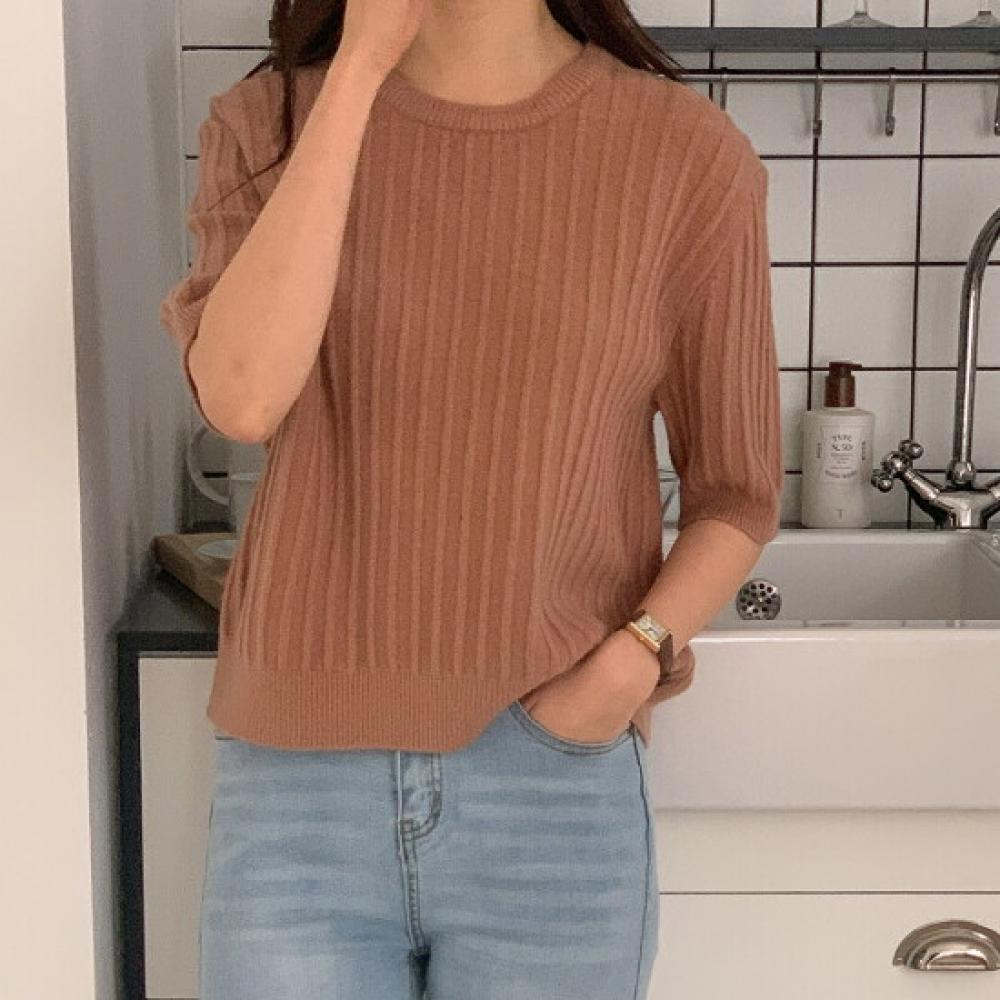 New Arrivals Open Run Round Neck Short Sleeve Knit Ribbed Basic Cashmere Pintuck