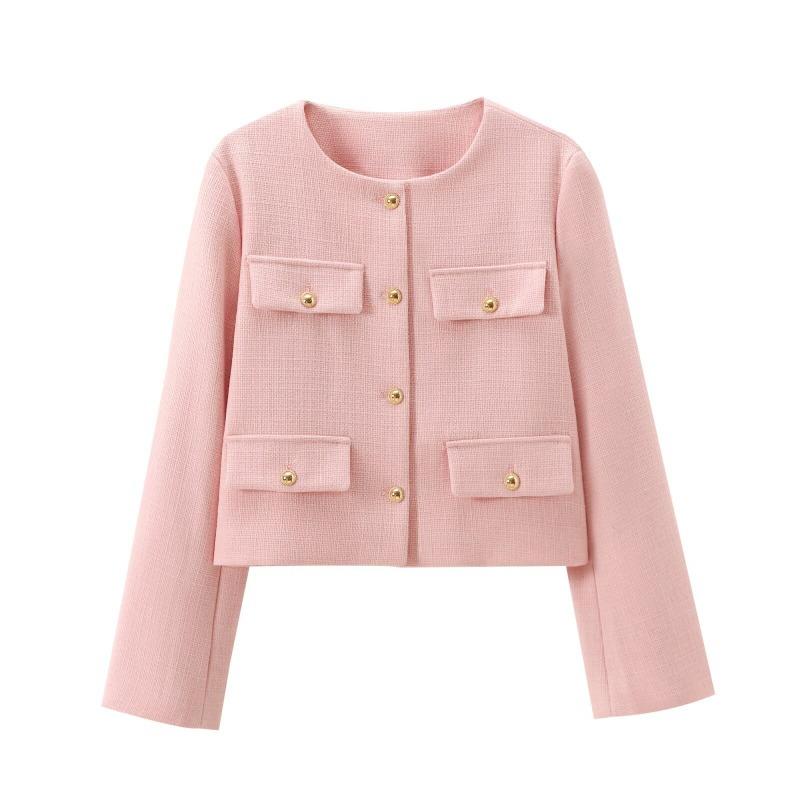 Women Fashion Autumn Winter Single-breasted Textured Round Neck Flip Pocket Short Jacket Coat Chic Ladies Tops Mujer