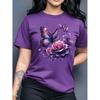 Purple Rose Butterfly Printed T-shirt - Short Sleeve Round Neck Casual Top