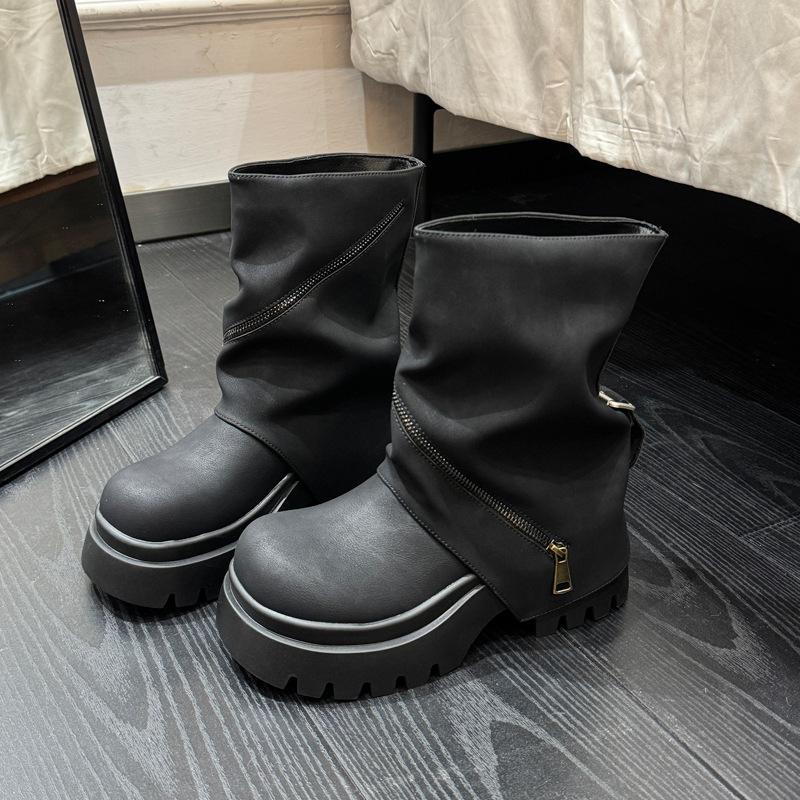 European big head zipper platform muffin Martin boots locomotive boots niche hot girl trouser tube stacking boots small women's shoes