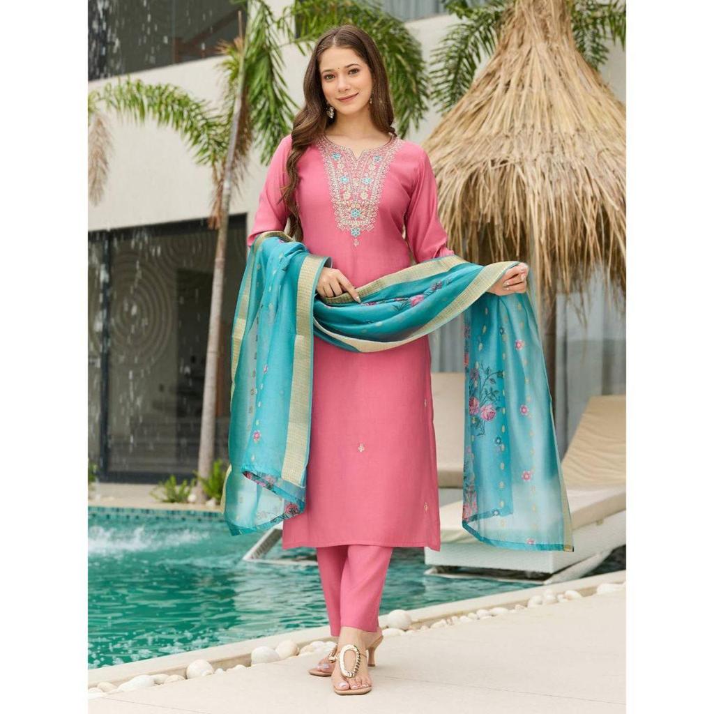 Women's Viscose Silk Embroidered Straight Kurta with Pant And Dupatta Sets
