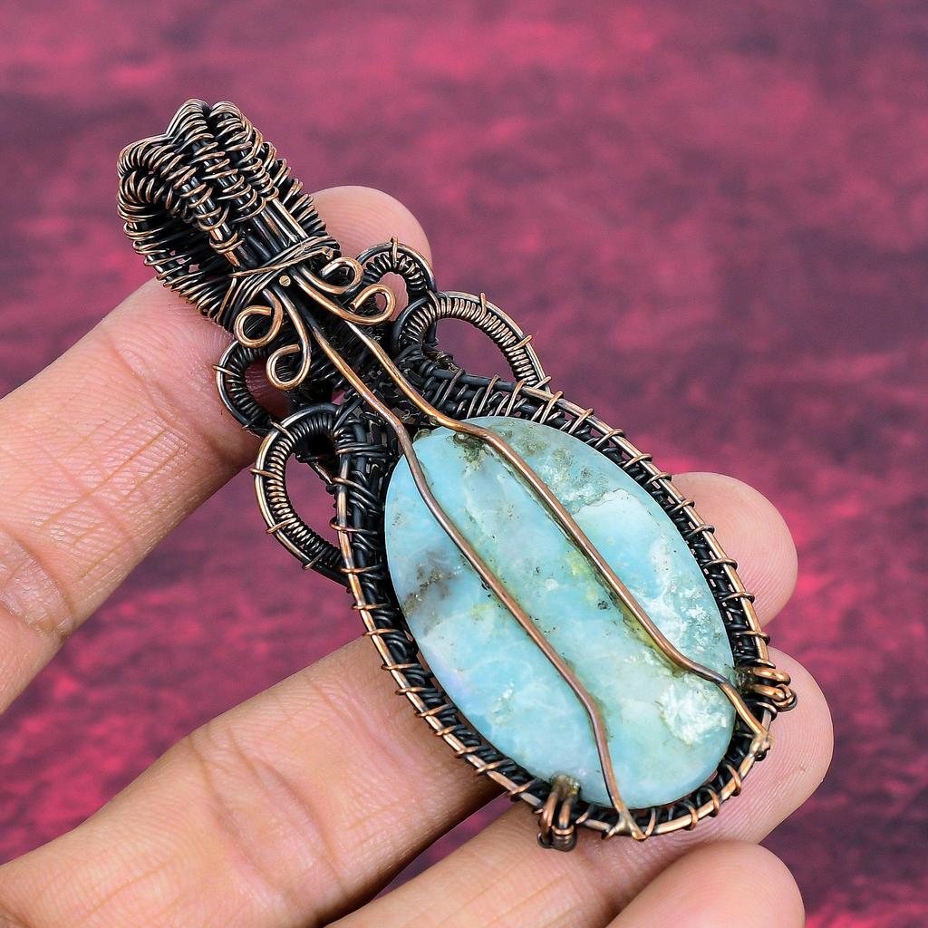 Larimar Pendant Rainbow Moonstone Pendant Copper Wire Wrapped Gemstone Jewelry