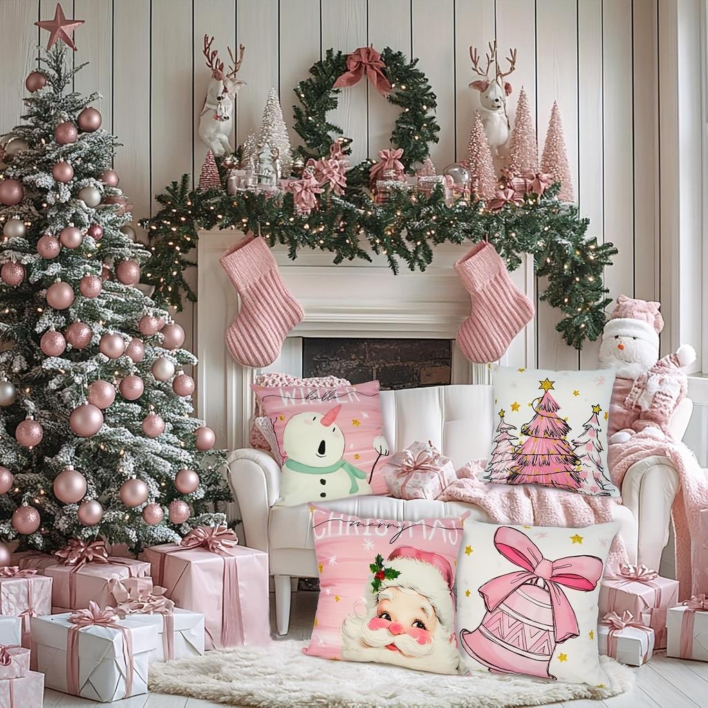 Christmas Themed Pink & White Pillowcases: Santa, Trees, Bell, Snowman Sofa bed cushion cover, New Year home decoration