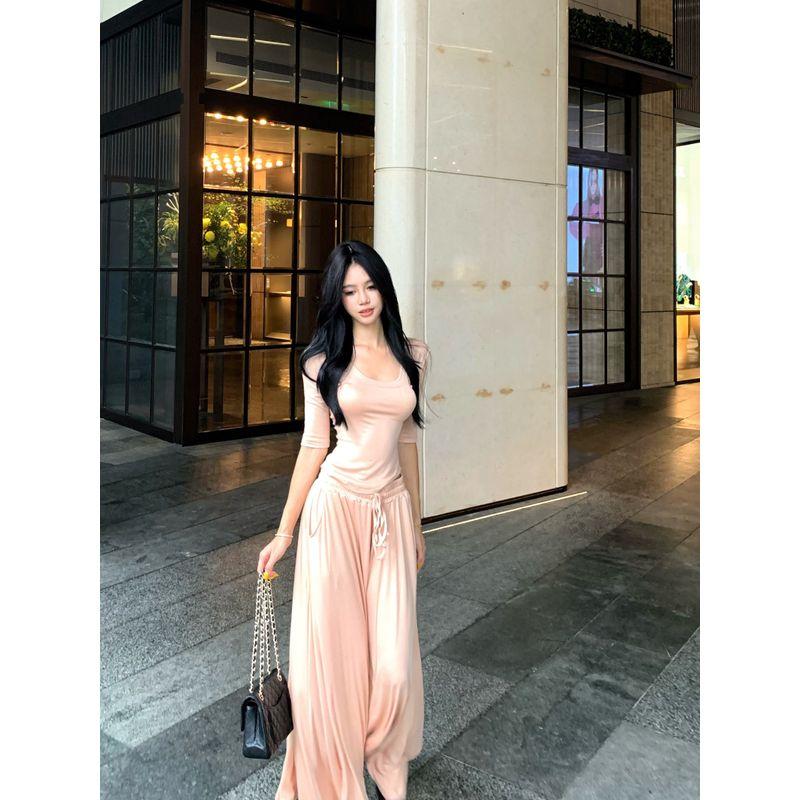 

Kumikumi Fashion Set Versatile Solid Half Sleeve T-shirt Women Summer Drape Casual Pants Wide Leg Pants Two-piece Set Bare Powder Tops M