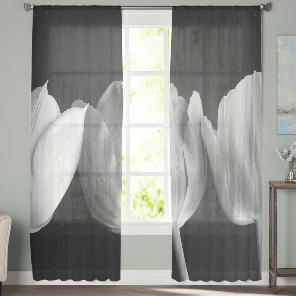 Tulpenblume Schwarzweiß Moderne Tüllgardinen für Wohnzimmer Schlafzimmer Zuhause Küche Fenster Voilegardinen