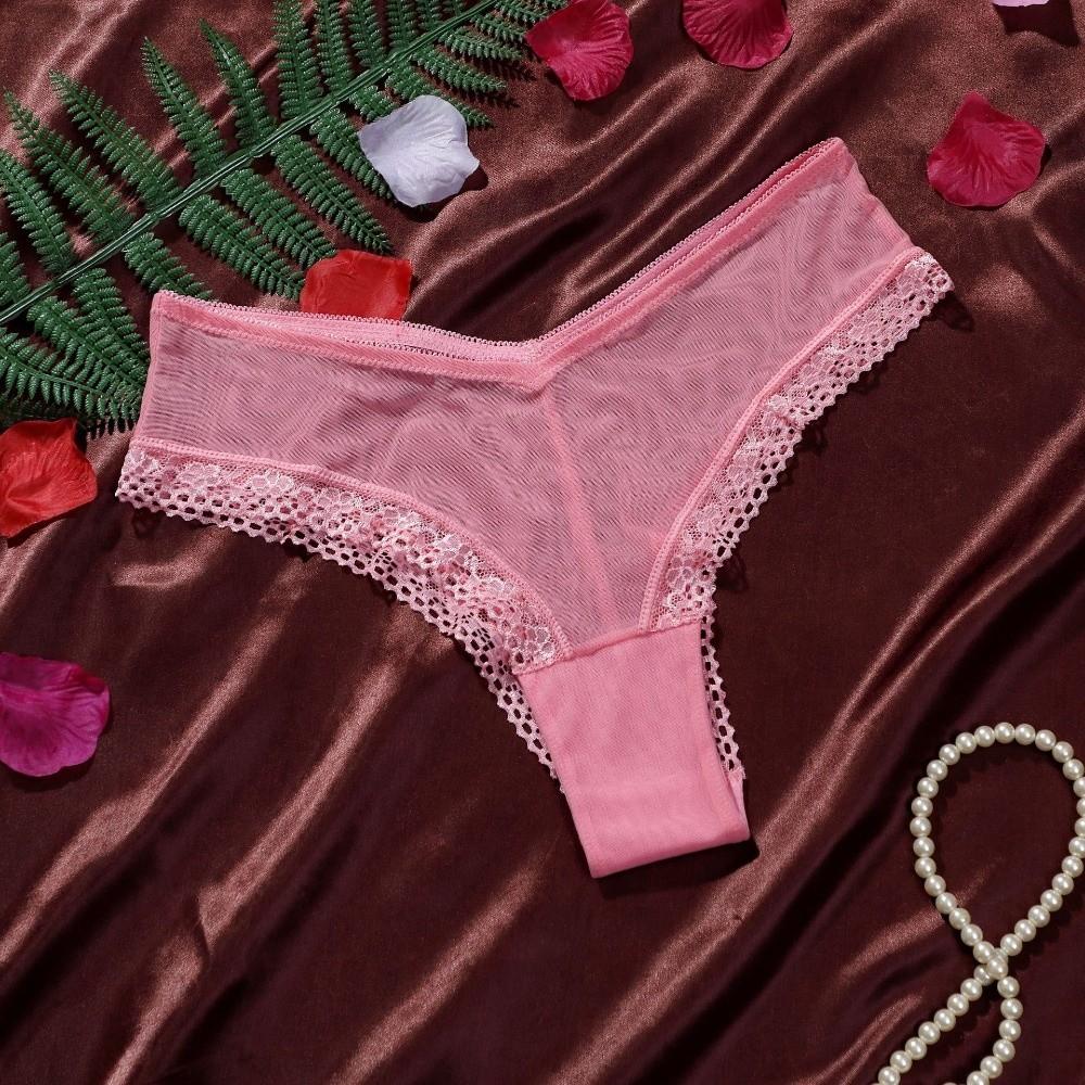 Low Waist Mesh Floral Panties Female Lingerie Patchwork Lace Flower Transparent Briefs Underwear Hollow Mesh Sheer Lace Thong