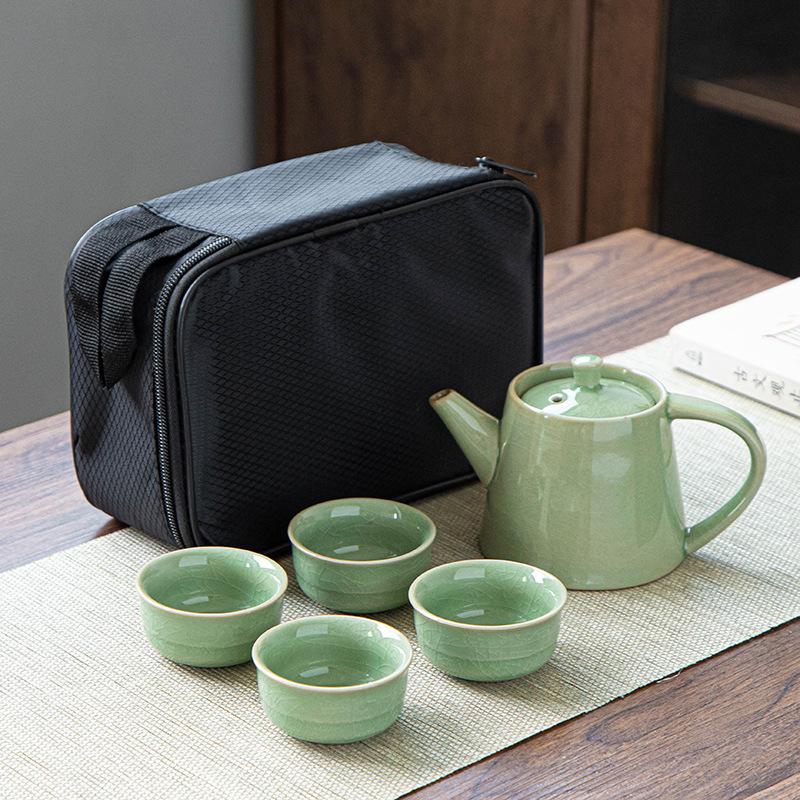 Ru Kiln Ge Kung Fu Tea Set Cloth Bag Portable One Pot Four Cups Ceramic Travel Tea Set Gift