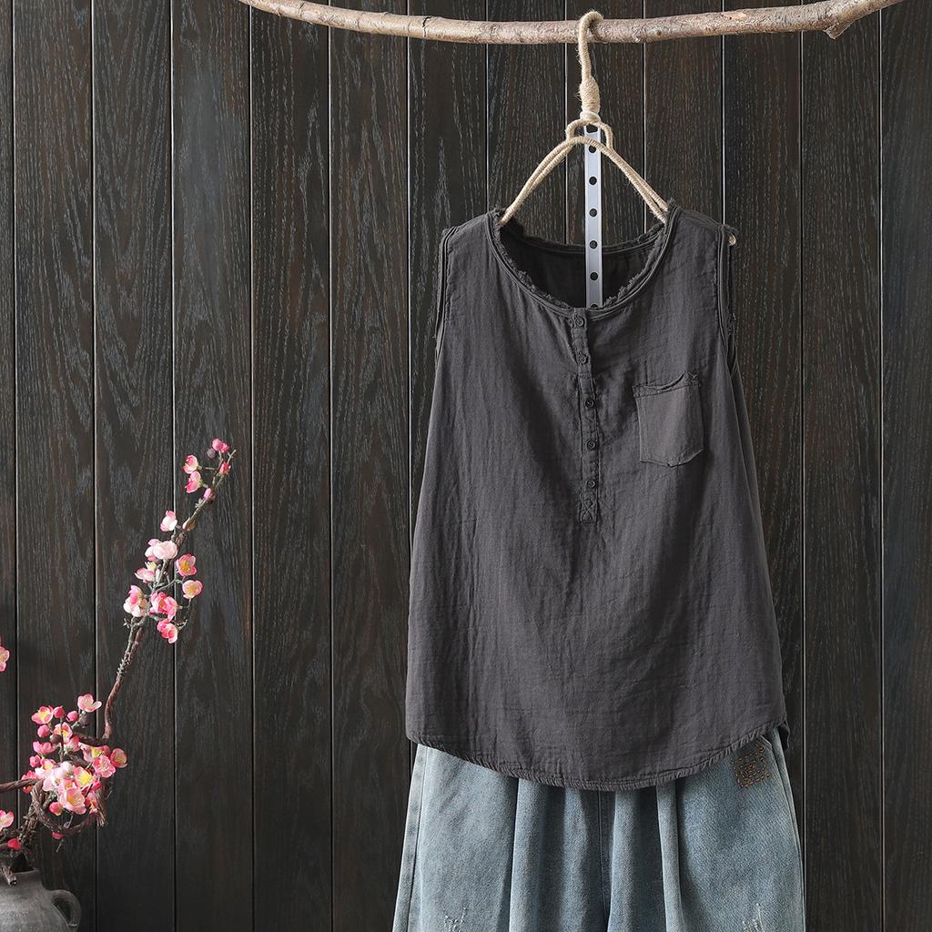 Women's Cotton Tank Tops Japan Fashion Summer Sleeveless Loose T-Shirts Tops Mori Girl Casual Button Down Shirts