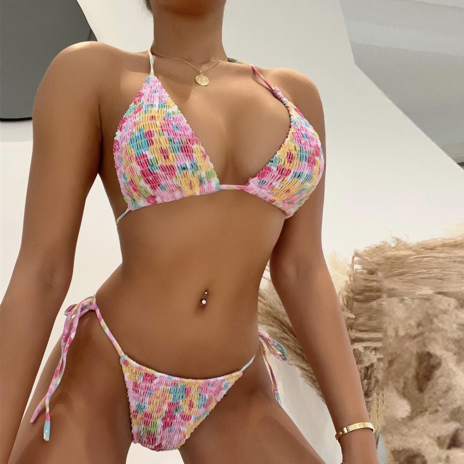 

Модный сексуальный купальник с принтом на бретельках и открытой спиной, темперамент, пляжная одежда, сплит-бикини, купальник S розовый