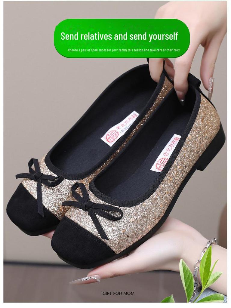 2025 New Women's French-Style Sequined Bow Flats: Square Toe, Shallow Mouth Evening Shoes