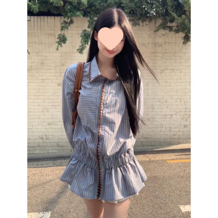 French-Style Slimming Long-Sleeve Shirt: Striped Woven Fabric with Shell Embroidery and Elastic Band, Elegant Design for Women
