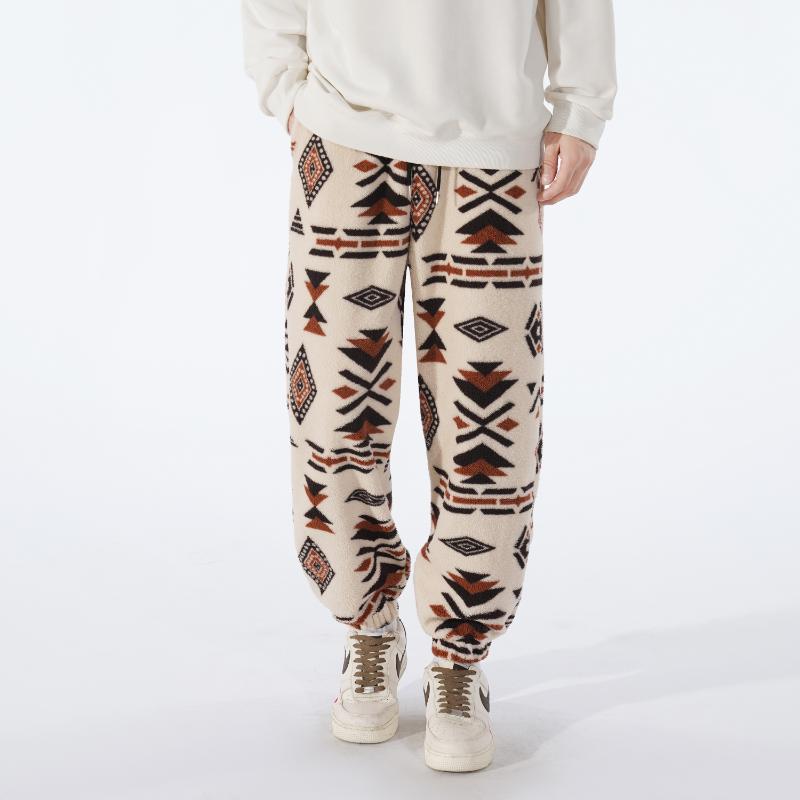 Ethnic Style Shaking Fleece Trousers for Men Loose Casual Contrast Elastic High Waist Casual Trousers