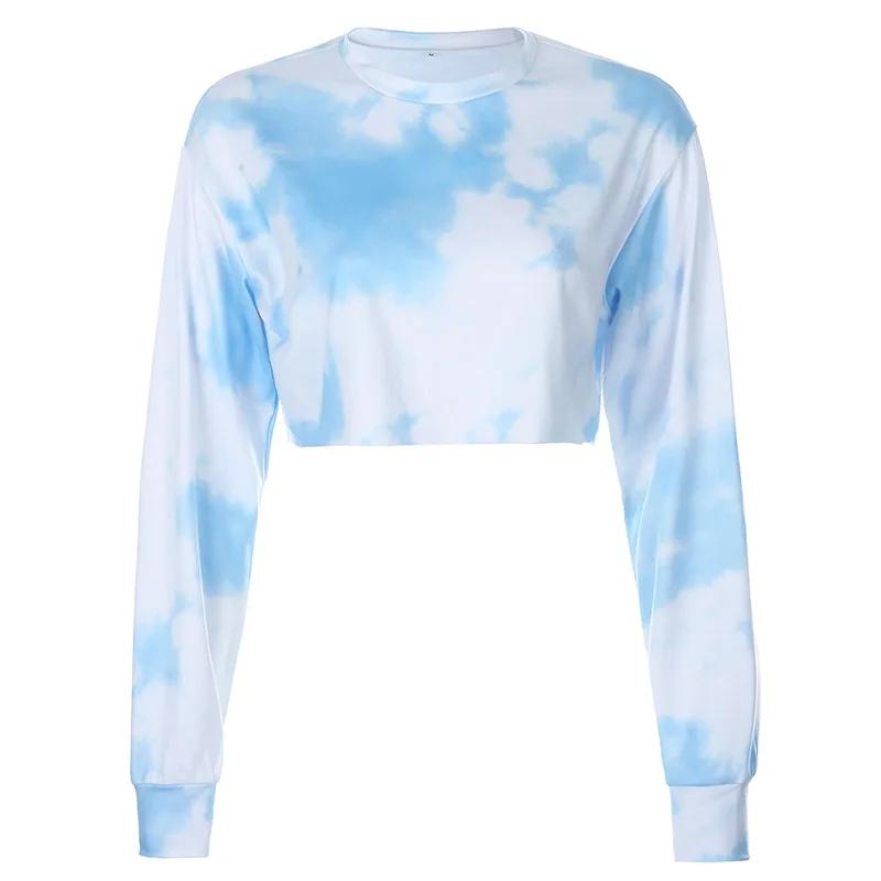 

Женская свободная повседневная футболка с капюшоном и принтом тай-дай с длинными рукавами S синий