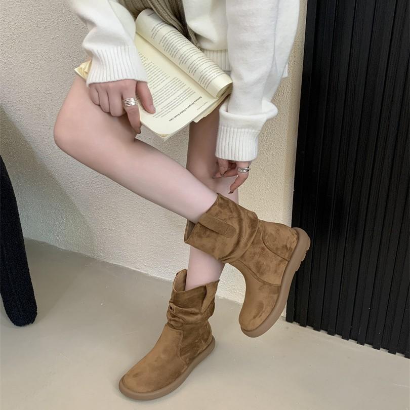 2025 autumn new retro versatile flat-bottomed western short boots lazy wind sleeve round head stacking boots