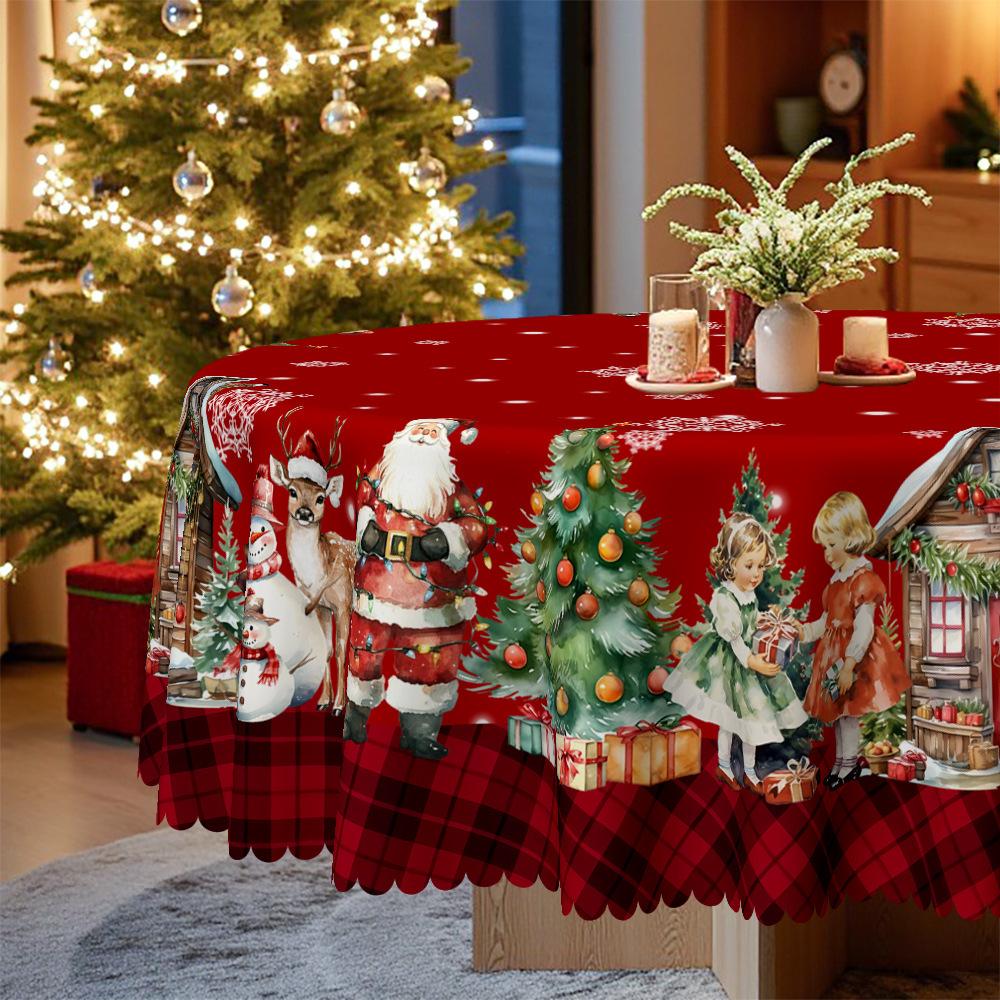 Weihnachtliches rundes Tischtuch Santa Rentier Schneemann Cartoon Mädchen Muster Tischdecke, Tischdekoration
