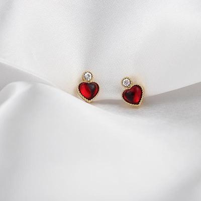 Pendientes de botón de plata de ley con forma de corazón rellenos de licor - Moda vintage japonesa y coreana
