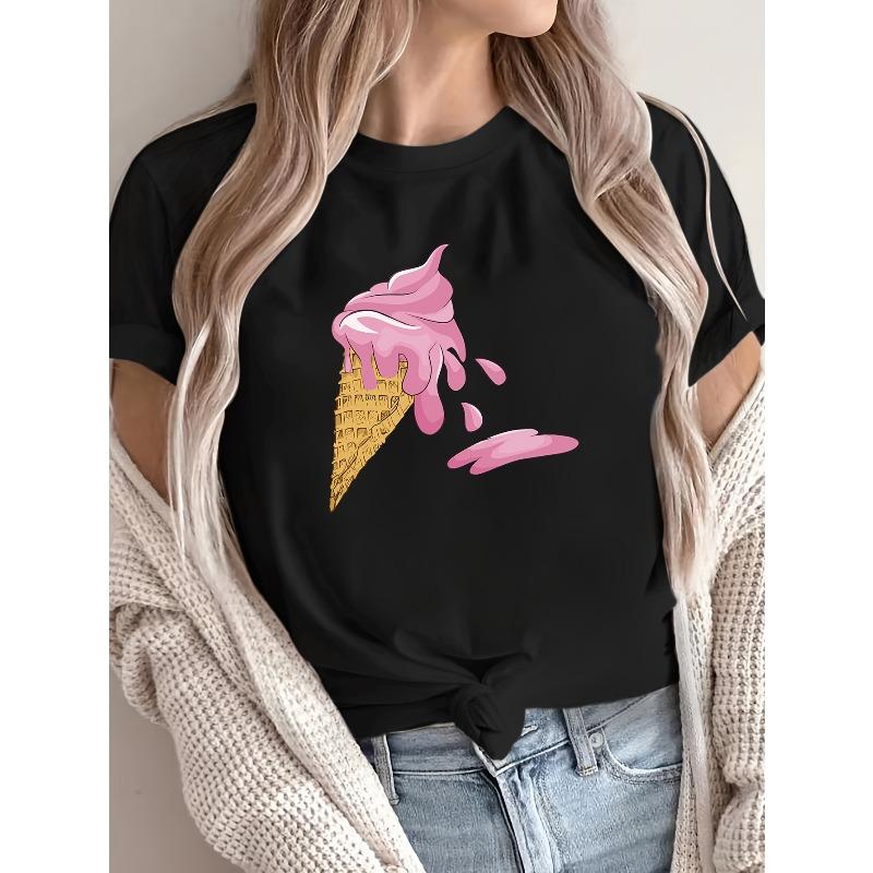 

[Casual T-Shirt] Women s Casual 100% Polyester Ice Cream Print Short Sleeve Crew Neck T-Shirt, Regular Length Knit Fabric Top for All Seasons 4XL чорний