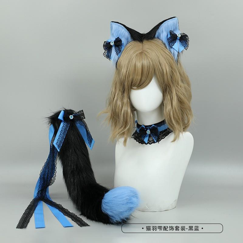 Süßes Katzenohren-Stirnband mit Schwanz Spitzen-Schleifen-Kragen Set Lolita Cosplay Kostüm Zubehör