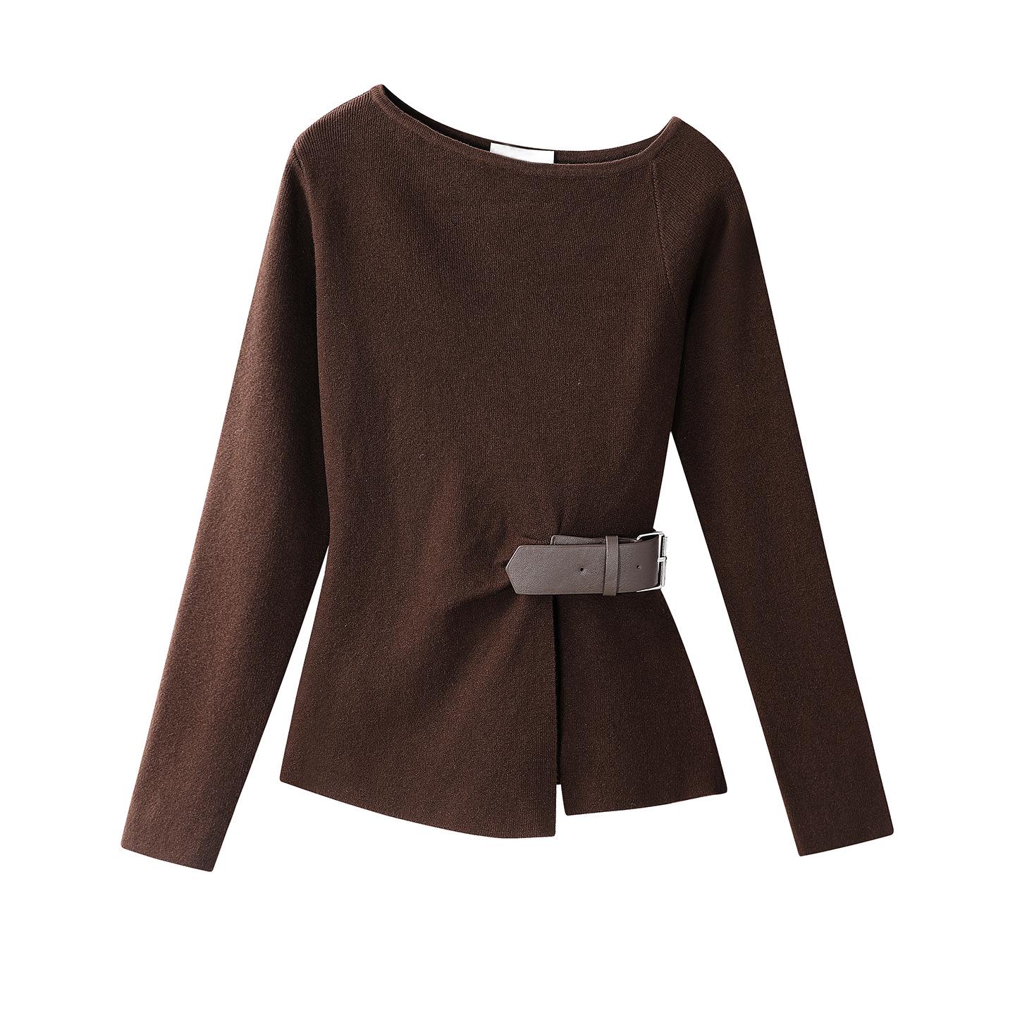 

Women s Fashion Slant Shoulder Knitted Sweater with Belt & Slit Design One Size темный кофе