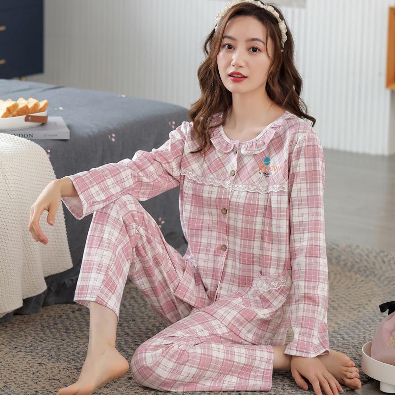 100% pure cotton pajamas women's long-sleeved printing set casual loose spring and autumn thin air-conditioned clothing loungewear can be worn outside