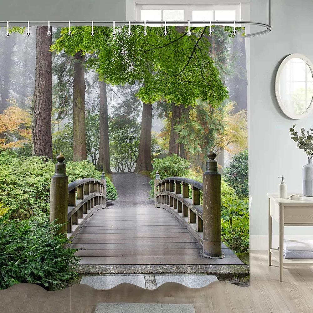 Forest Shower Curtains Sunshine Green Trees Plants Brown Window Nature Landscape Polyester Bathroom Curtain Set Decor with Hooks