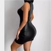 Women's Sleeveless Stand Collar PU Leather Mini Dress Solid Bodycon Tight Club Party Sexy Pencil Short Dress