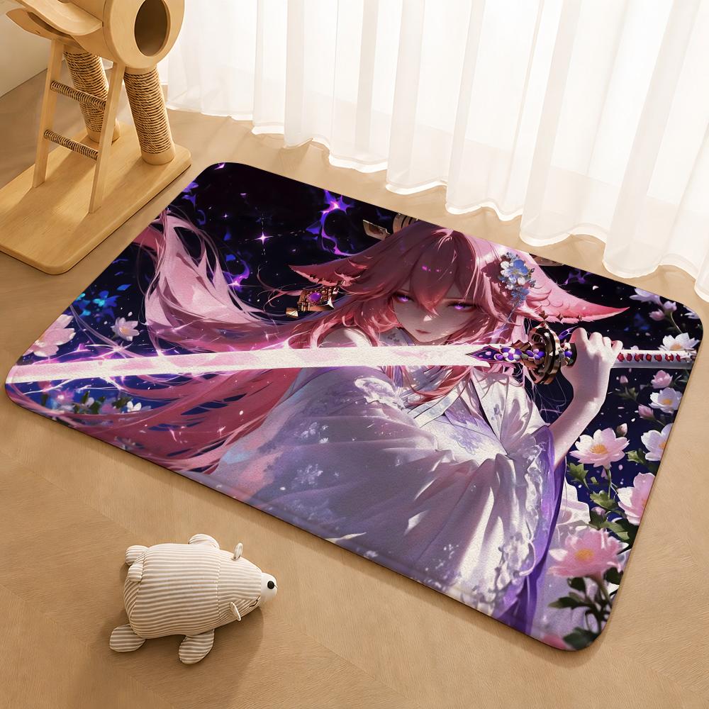 Genshin Impact Yae Miko Floor Mat Floor Mat Soft Flannel Non-Slip Door  Rug for Living Room