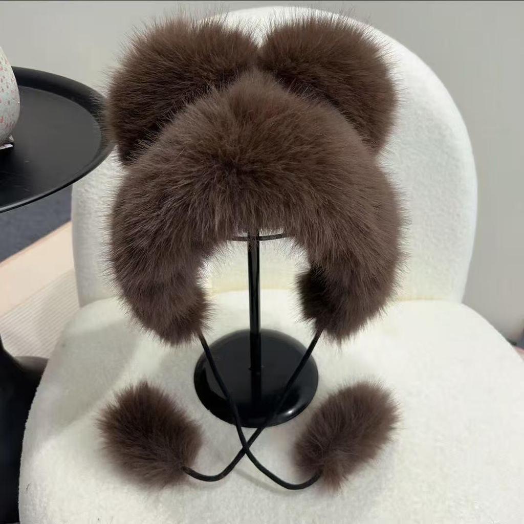 Women's Winter Faux Mink Fur Lei Feng Hat with Bear Ears and Ear Protection - Cute, Thickened, and Warm