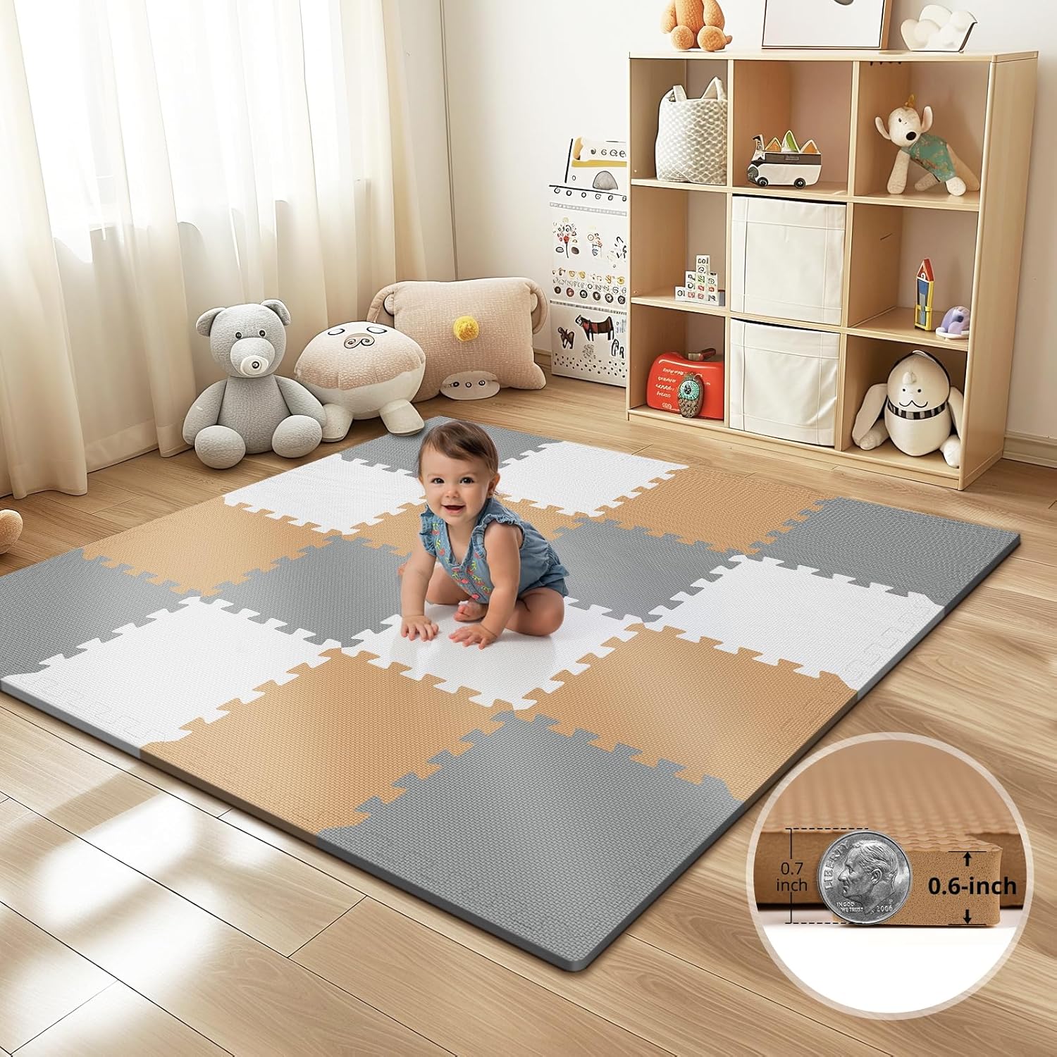 16 Tiles Baby Play Mat for Floor, EVA Foam Baby Floor Play Mat with 0.6 Inch Thick Interlocking Foam Tiles 120x120x1.5 CM бежевый