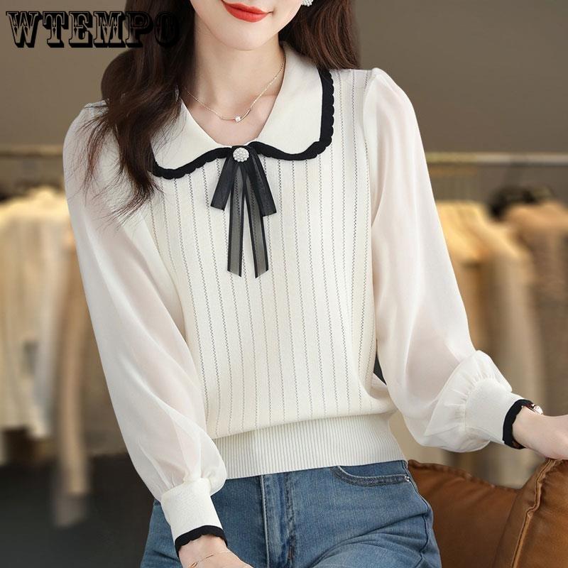 Knitted T-shirt with Lace Spring and Autumn New Style Doll Neck Knitted Sweater for Women