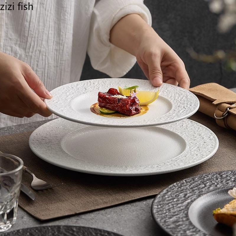 Placă ceramică cu model de piatră lată, culoare solidă, farfurie pentru friptură, farfurie pentru micul dejun, desert, tort, farfurie, bucătărie moleculară