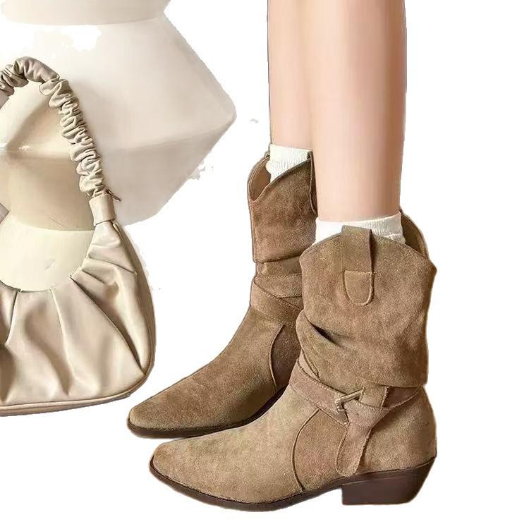 Short boots women's 2025 autumn and winter new stacking boots autumn and winter square head thick heel belt buckle cover boots commuting