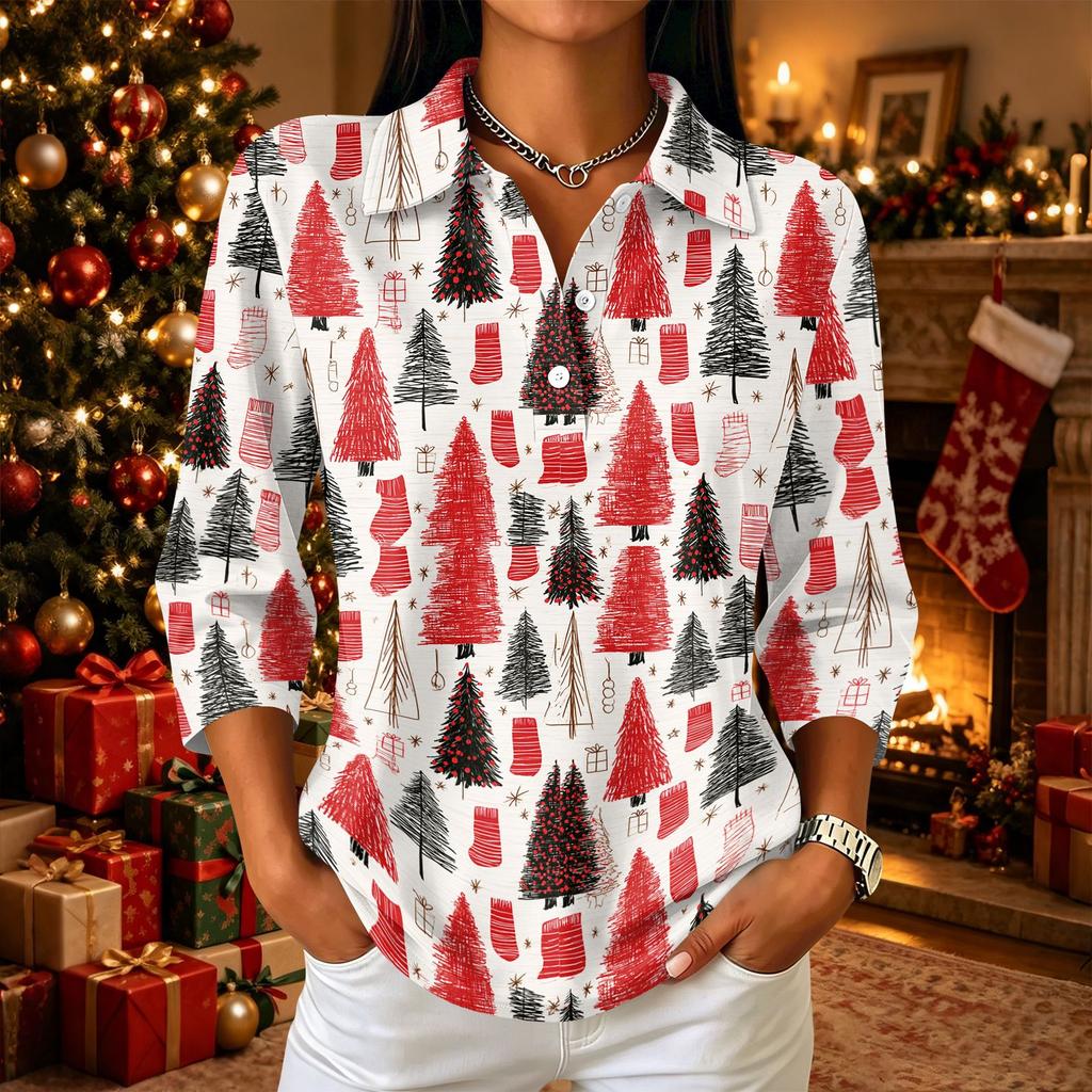 Women's Casual Christmas Print Button Front 3/4 Sleeve Collar Top