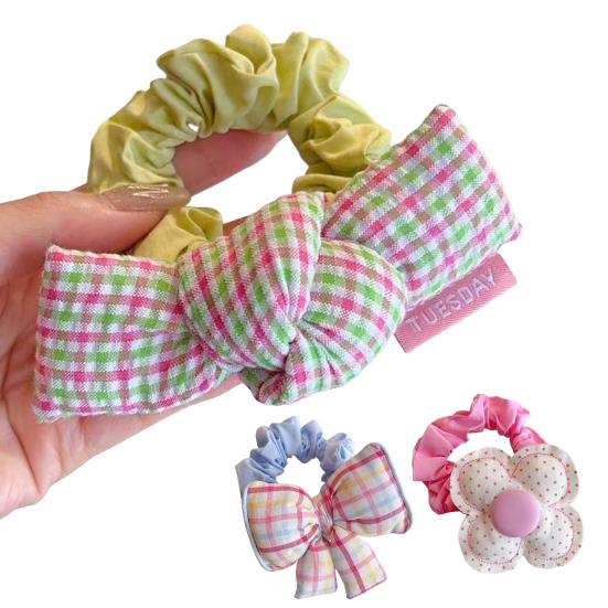 Hair Tie Dot Plaid Print Handcrafted Bow Flower Design Hair Rope Soft Fabric High Elasticity Pastoral Style Hair Band Hair Accessory