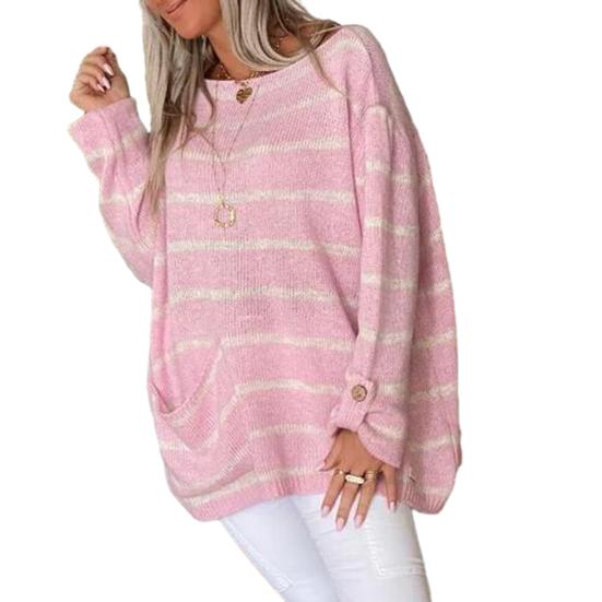 Damski sweter oversize na jesień elegancki O-Neck z długim rękawem w paski kolor łączenia kieszeń luźny sweter elegancki sweter dziewiarski