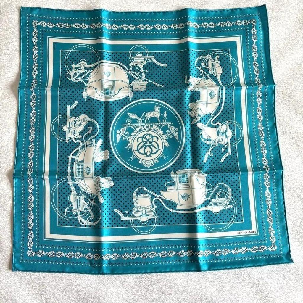 Used Excellent condition Hermes Carre 55 Ex-Libris turquoise bandana pattern with box