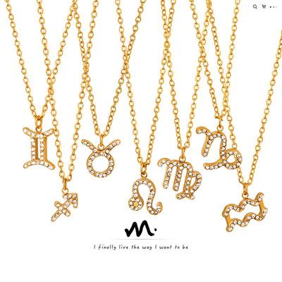 Collana Personalizzata alla Moda in Acciaio Titanio Dorato con Ciondolo Zodiacale e Strass
